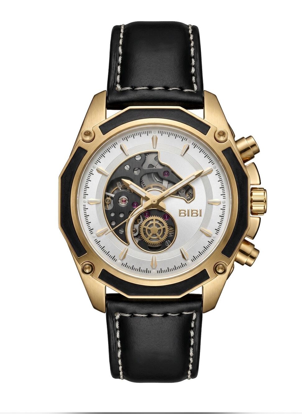 Bibi Luxury Automatic Mechanical Watch 45mm Black/Gold Case Leather Strap New